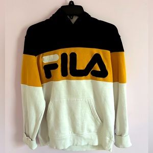 FILA hoodie, size US mens small, colors are yellow, black, and white.